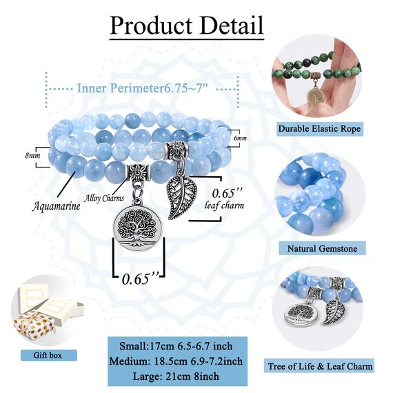 Farfume Chakra Armbänder für Frauen - Kristalle Armband Frauen natürliche Edelsteine Yoga Reiki - ein Satz von Doppel-Armbänder(Aquamarin(Mittel)