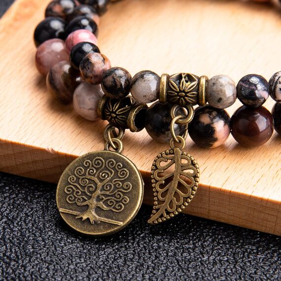 Farfume Chakra Armbänder für Frauen - Kristalle Armband Frauen natürliche Edelsteine Yoga Reiki - ein Satz von Doppel-Armbänder(Rhodonitperlen(Groß)
