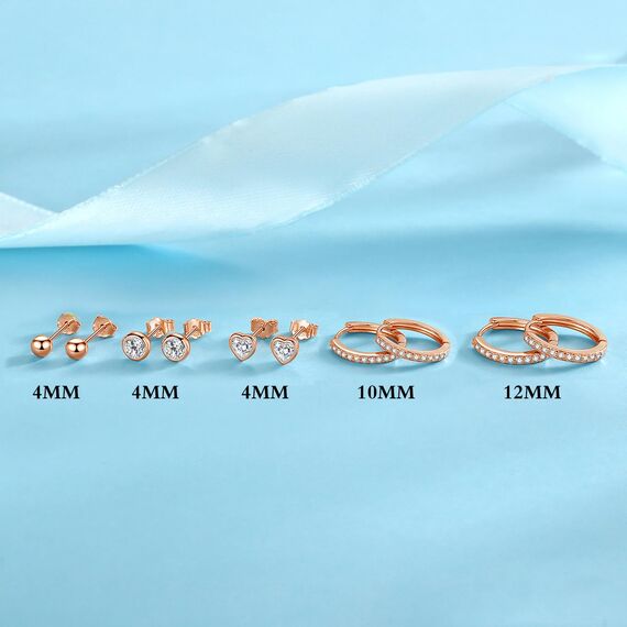 Ecripe 5 Paar 925 Sterling Silber Ohrringe Set für Frauen, 3 Paar Rosegold Mini Ohrstecker 2 Paar Creolen mit Cubic Zirkonia, Hypoallergene Klein Knorpel Ohrringe für Mädchen