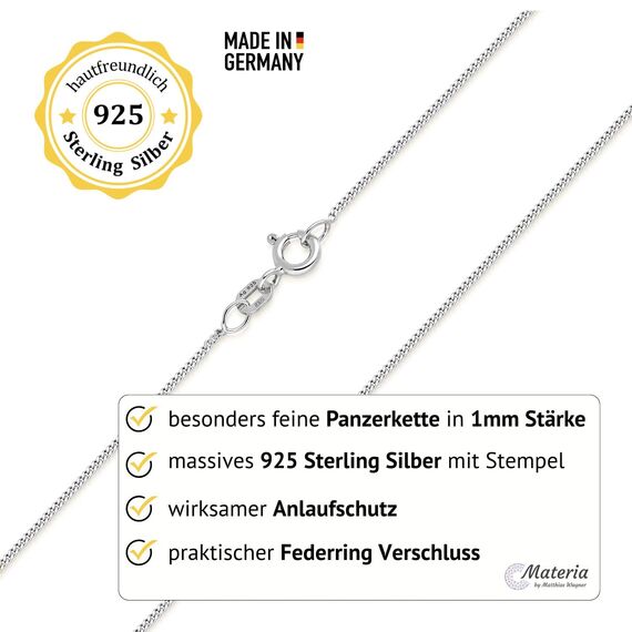 MATERIA Schmuck feine 925 Silber Panzerkette 1mm - Damen Halskette silber in 40-120 cm verfügbar K32-55cm