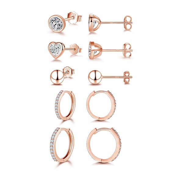 Ecripe 5 Paar 925 Sterling Silber Ohrringe Set für Frauen, 3 Paar Rosegold Mini Ohrstecker 2 Paar Creolen mit Cubic Zirkonia, Hypoallergene Klein Knorpel Ohrringe für Mädchen