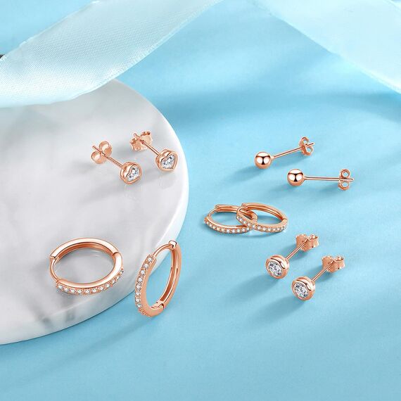 Ecripe 5 Paar 925 Sterling Silber Ohrringe Set für Frauen, 3 Paar Rosegold Mini Ohrstecker 2 Paar Creolen mit Cubic Zirkonia, Hypoallergene Klein Knorpel Ohrringe für Mädchen