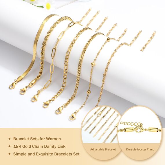 Dochais 5-7 Stück Kette Armbänder für Frauen, 18K Gold plated Stapelarmbänder, Twist Figaro Herringbone Kette Armband verstellbar, Charm Armbänder Set Silber Gold (Gold (7 Stück))