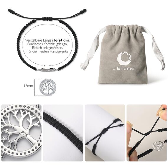 J.Endéar Lebensbaum Armband für Damen Mädchen Schmuck Silber 925 mit Zirkon, Handgefertigtes Geflochtenes Armband Verstellbar, Schwarz