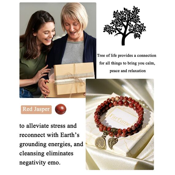Farfume Chakra Armbänder für Frauen - Kristalle Armband Frauen natürliche Edelsteine Yoga Reiki - ein Satz von Doppel-Armbänder(Rot und Baum des Lebens(Groß)
