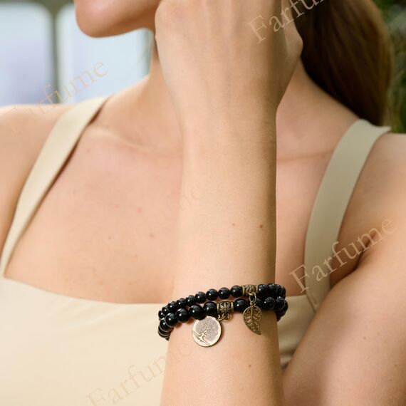 Farfume Chakra Armbänder für Frauen - Kristalle Armband Frauen Natürliche Edelsteine Yoga Reiki - Ein Satz von Doppel-Armbänder（Schwarzer Turmalin & Lebensbaum（Mittel）