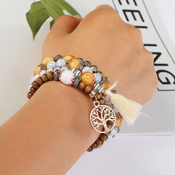 SHUBEIEUMI Boho Holzperlen Armband, 4 Stück Boho Quaste Armband für Damen, Frauen Baum des Lebens Charm Statement Armreifen, Kristall Perle