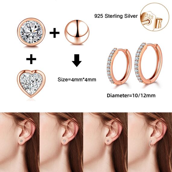 Ecripe 5 Paar 925 Sterling Silber Ohrringe Set für Frauen, 3 Paar Rosegold Mini Ohrstecker 2 Paar Creolen mit Cubic Zirkonia, Hypoallergene Klein Knorpel Ohrringe für Mädchen