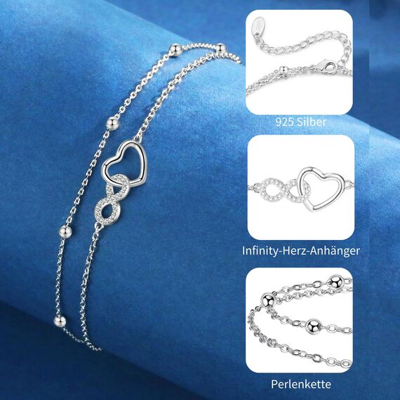 Jbniuay Fußkettchen für Damen 925 Sterling Silber - Infinity Herz Fußkette - Damen Fußkettchen - Fußkette Verstellbare 23+5cm - Geschenke für Frauen/Mädchen/mama/mutter (Silber)