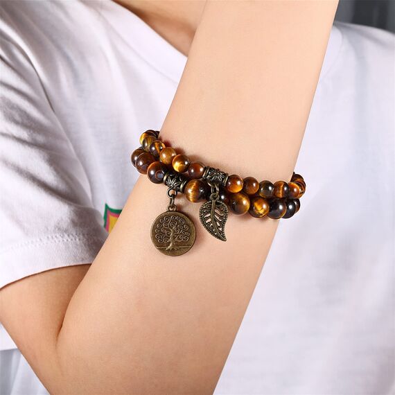 Farfume Chakra Armbänder für Frauen - Kristalle Armband Frauen natürliche Edelsteine Yoga Reiki - ein Satz von Doppel-Armbänder(Tigerauge(Mittel)