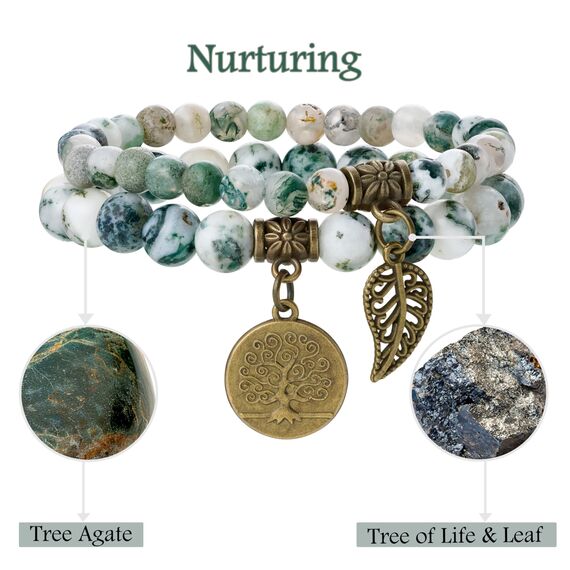Farfume Chakra Armbänder für Frauen - Kristalle Armband Frauen Natürliche Edelsteine Yoga Reiki - Ein Set von Doppel-Armbänder（Baumachat & Lebensbaum（Mittel）