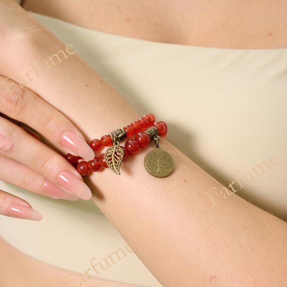 Farfume Chakra Armbänder für Frauen - Kristalle Armband Frauen Natürliche Edelsteine Yoga Reiki - Ein Satz von Doppel-Armbänder（Roter Achat & LifeTree（Mittel）