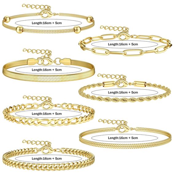 Dochais 5-7 Stück Kette Armbänder für Frauen, 18K Gold plated Stapelarmbänder, Twist Figaro Herringbone Kette Armband verstellbar, Charm Armbänder Set Silber Gold (Gold (7 Stück))