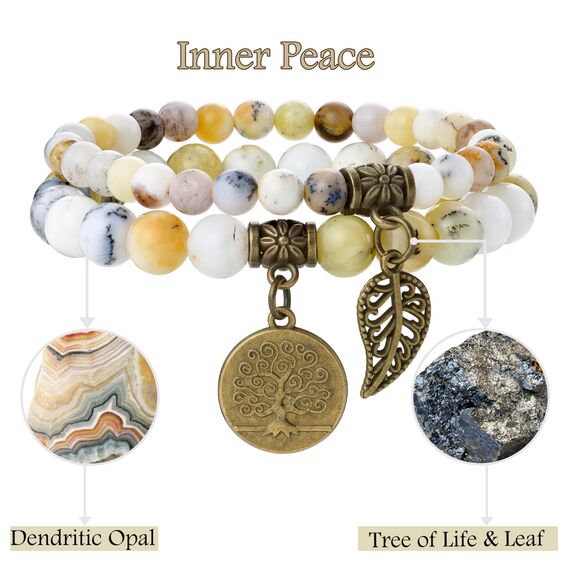 Farfume Chakra Armbänder für Frauen - Kristalle Armband Frauen natürliche Edelsteine Yoga Reiki - Ein Set von Doppel-Armbänder（Dendritischer Opal & Lebensbaum（Mittel）