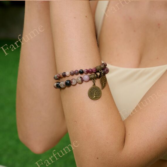 Farfume Chakra Armbänder für Frauen - Kristalle Armband Frauen natürliche Edelsteine Yoga Reiki - Ein Set von Doppel-Armbänder（Regenbogen-Turmalin & Lebensbaum（Mittel）