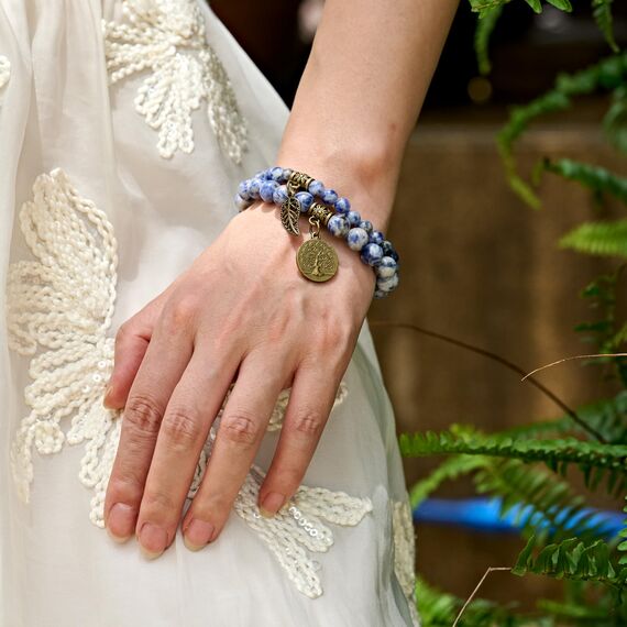 Farfume Chakra Armbänder für Frauen - Kristalle Armband Frauen natürliche Edelsteine Yoga Reiki- Ein Satz von Doppel-Armbänder(Blaufleckjaspis(Mittel))