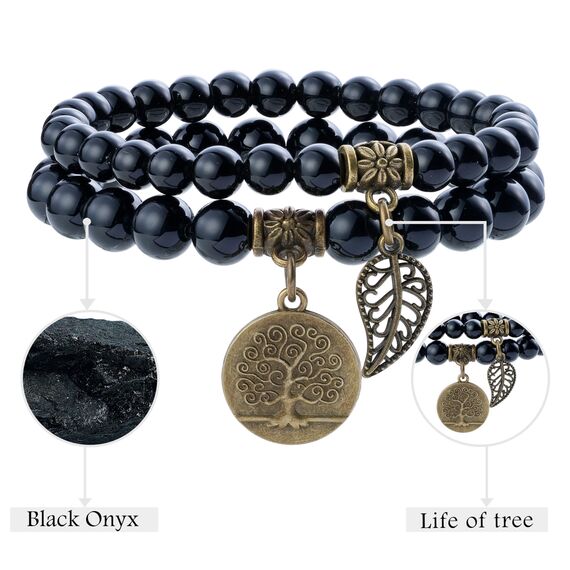 Farfume Chakra Armbänder für Frauen - Kristalle Armband Frauen natürliche Edelsteine Yoga Reiki- Ein Satz von Doppel-Armbänder(Onyx(Mittel))