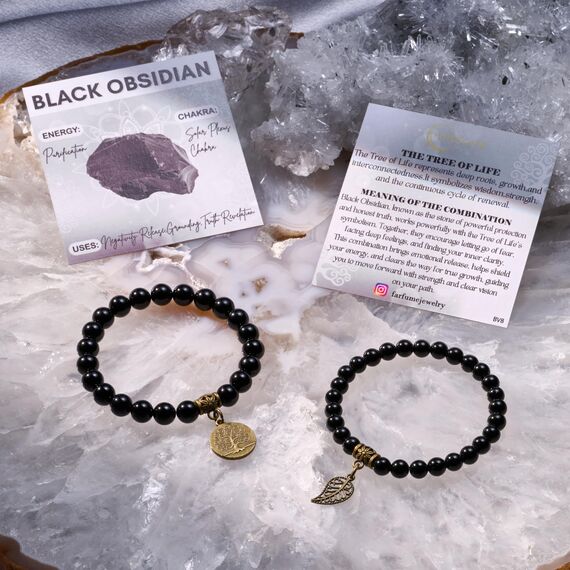 Farfume Chakra Armbänder für Frauen - Kristalle Armband Frauen natürliche Edelsteine Yoga Reiki- Ein Satz von Doppel-Armbänder(Schwarzer Obsidian(Mittel))