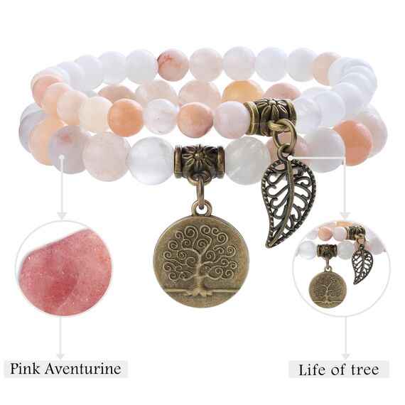 Farfume Chakra Armbänder für Frauen - Kristalle Armband Frauen natürliche Edelsteine Yoga Reiki- Ein Satz von Doppel-Armbänder(Rosa Aventurin(Mittel))