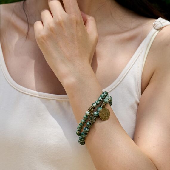 Farfume Chakra Armbänder für Frauen - Kristalle Armband Frauen natürliche Edelsteine Yoga Reiki- Ein Satz von Doppel-Armbänder(Grünfleckjaspis(Mittel))