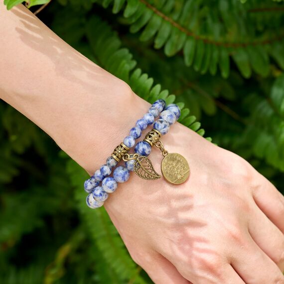 Farfume Chakra Armbänder für Frauen - Kristalle Armband Frauen natürliche Edelsteine Yoga Reiki- Ein Satz von Doppel-Armbänder(Blaufleckjaspis(Mittel))