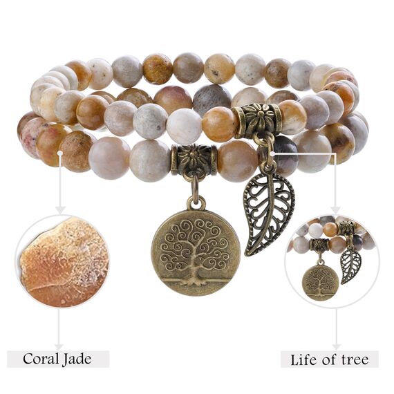 Farfume Chakra Armbänder für Frauen - Kristalle Armband Frauen natürliche Edelsteine Yoga Reiki- Ein Satz von Doppel-Armbänder(Korallenjade(Mittel))
