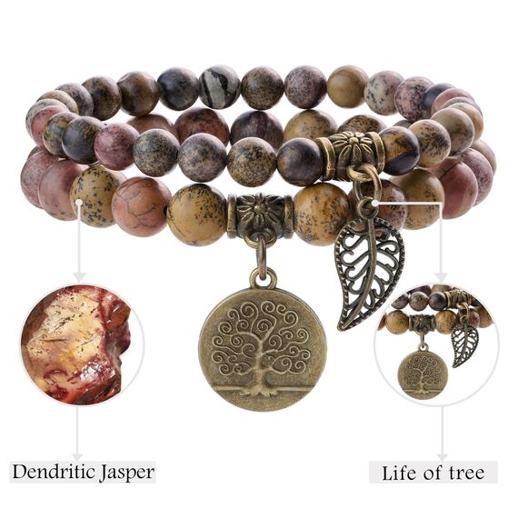 Farfume Chakra Armbänder für Frauen - Kristalle Armband Frauen natürliche Edelsteine Yoga Reiki- Ein Satz von Doppel-Armbänder(Dendritenjaspis(Mittel))