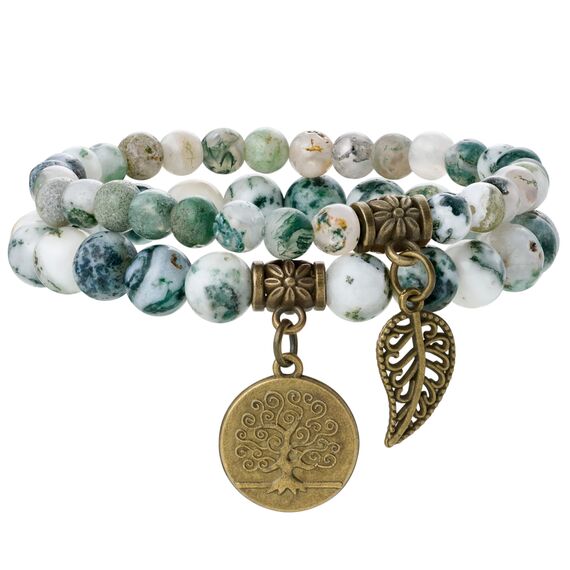 Farfume Chakra Armbänder für Frauen - Kristalle Armband Frauen Natürliche Edelsteine Yoga Reiki - Ein Set von Doppel-Armbänder（Baumachat & Lebensbaum（Mittel）