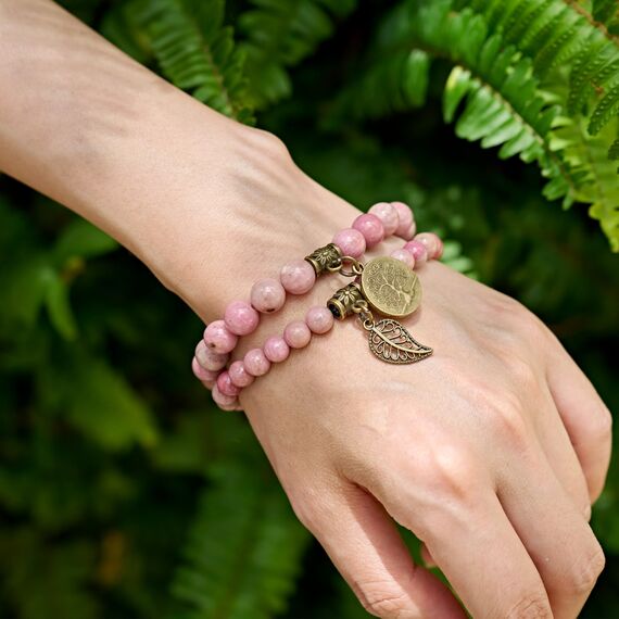 Farfume Chakra Armbänder für Frauen - Kristalle Armband Frauen natürliche Edelsteine Yoga Reiki- Ein Satz von Doppel-Armbänder(Rhodochrosit(Mittel))