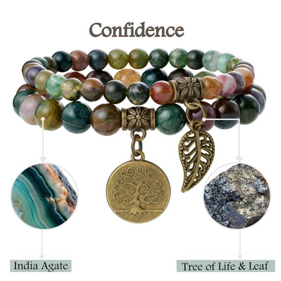 Farfume Chakra Armbänder für Frauen - Kristalle Armband Frauen natürliche Edelsteine Yoga Reiki- Ein Satz von Doppel-Armbänder（Indischer Achat & Lebensbaume（Mittel）