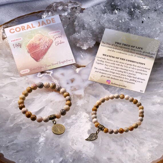 Farfume Chakra Armbänder für Frauen - Kristalle Armband Frauen natürliche Edelsteine Yoga Reiki- Ein Satz von Doppel-Armbänder(Korallenjade(Mittel))