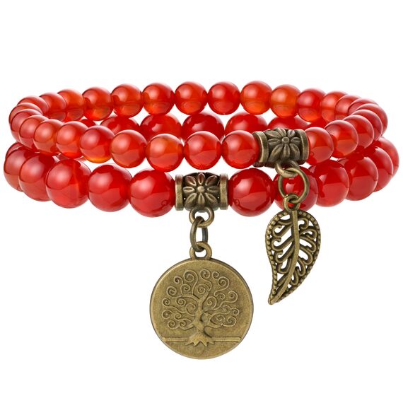 Farfume Chakra Armbänder für Frauen - Kristalle Armband Frauen Natürliche Edelsteine Yoga Reiki - Ein Satz von Doppel-Armbänder（Roter Achat & LifeTree（Mittel）