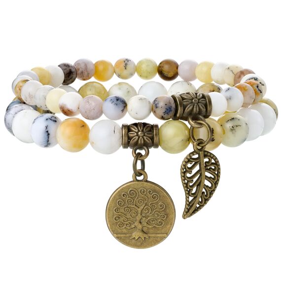 Farfume Chakra Armbänder für Frauen - Kristalle Armband Frauen natürliche Edelsteine Yoga Reiki - Ein Set von Doppel-Armbänder（Dendritischer Opal & Lebensbaum（Mittel）