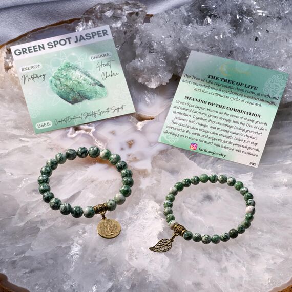 Farfume Chakra Armbänder für Frauen - Kristalle Armband Frauen natürliche Edelsteine Yoga Reiki- Ein Satz von Doppel-Armbänder(Grünfleckjaspis(Mittel))