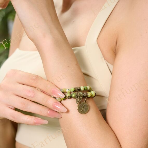 Farfume Chakra Armbänder für Frauen - Kristalle Armband Frauen natürliche Edelsteine Yoga Reiki - Ein Set von Doppel-Armbänder（Serpentin & Lebensbaum（Mittel）