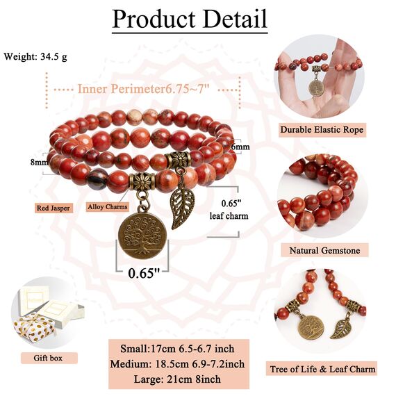 Farfume Chakra Armbänder für Frauen - Kristalle Armband Frauen natürliche Edelsteine Yoga Reiki - ein Satz von Doppel-Armbänder(Rot und Baum des Lebens(Mittel)