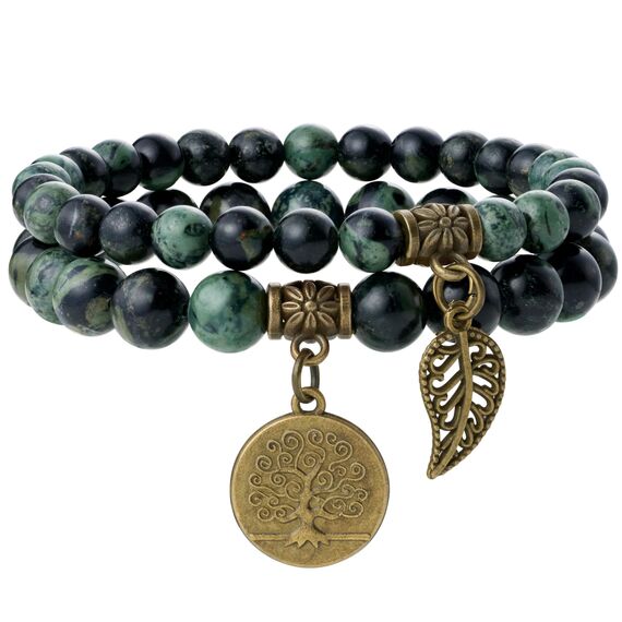 Farfume Chakra Armbänder für Frauen - Kristalle Armband Frauen natürliche Edelsteine Yoga Reiki- Ein Satz von Doppel-Armbänder（Kambaba-Jaspis & Lebensbaum（Mittel）