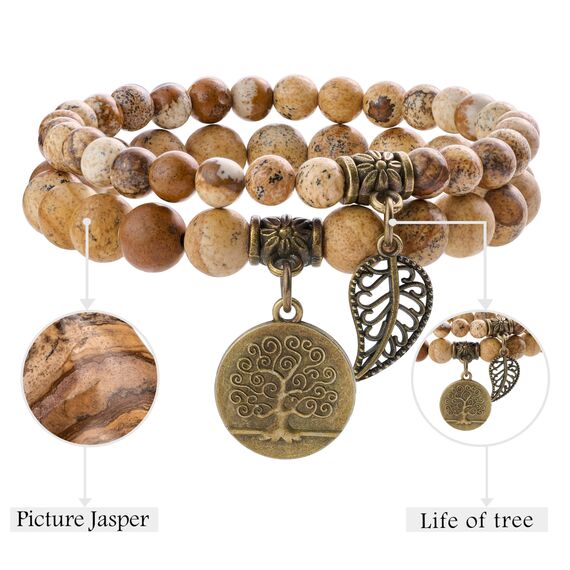 Farfume Chakra Armbänder für Frauen - Kristalle Armband Frauen natürliche Edelsteine Yoga Reiki- Ein Satz von Doppel-Armbänder(Bildjaspis(Mittel))