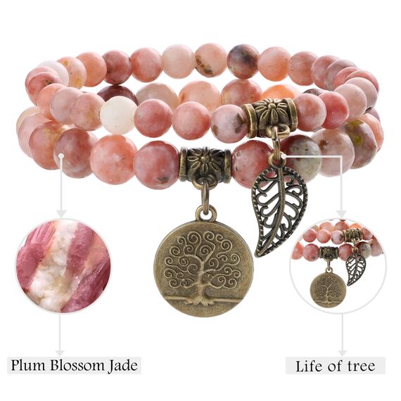Farfume Chakra Armbänder für Frauen - Kristalle Armband Frauen natürliche Edelsteine Yoga Reiki- Ein Satz von Doppel-Armbänder(Pflaumenblütenjade(Mittel))