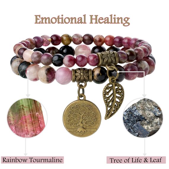 Farfume Chakra Armbänder für Frauen - Kristalle Armband Frauen natürliche Edelsteine Yoga Reiki - Ein Set von Doppel-Armbänder（Regenbogen-Turmalin & Lebensbaum（Mittel）