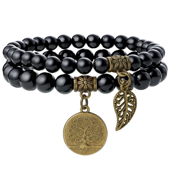 Farfume Chakra Armbänder für Frauen - Kristalle Armband Frauen Natürliche Edelsteine Yoga Reiki - Ein Satz von Doppel-Armbänder（Schwarzer Turmalin & Lebensbaum（Mittel）