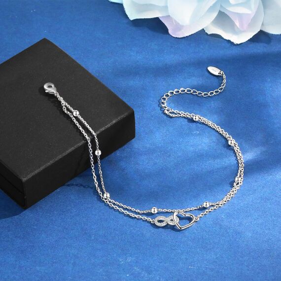 Jbniuay Fußkettchen für Damen 925 Sterling Silber - Infinity Herz Fußkette - Damen Fußkettchen - Fußkette Verstellbare 23+5cm - Geschenke für Frauen/Mädchen/mama/mutter (Silber)