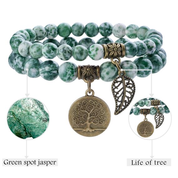 Farfume Chakra Armbänder für Frauen - Kristalle Armband Frauen natürliche Edelsteine Yoga Reiki- Ein Satz von Doppel-Armbänder(Grünfleckjaspis(Mittel))