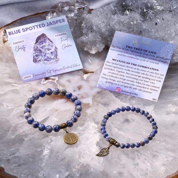 Farfume Chakra Armbänder für Frauen - Kristalle Armband Frauen natürliche Edelsteine Yoga Reiki- Ein Satz von Doppel-Armbänder(Blaufleckjaspis(Mittel))