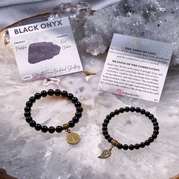Farfume Chakra Armbänder für Frauen - Kristalle Armband Frauen natürliche Edelsteine Yoga Reiki- Ein Satz von Doppel-Armbänder(Onyx(Mittel))
