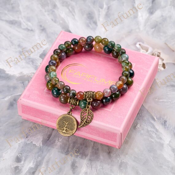 Farfume Chakra Armbänder für Frauen - Kristalle Armband Frauen natürliche Edelsteine Yoga Reiki- Ein Satz von Doppel-Armbänder（Indischer Achat & Lebensbaume（Mittel）