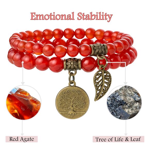 Farfume Chakra Armbänder für Frauen - Kristalle Armband Frauen Natürliche Edelsteine Yoga Reiki - Ein Satz von Doppel-Armbänder（Roter Achat & LifeTree（Mittel）