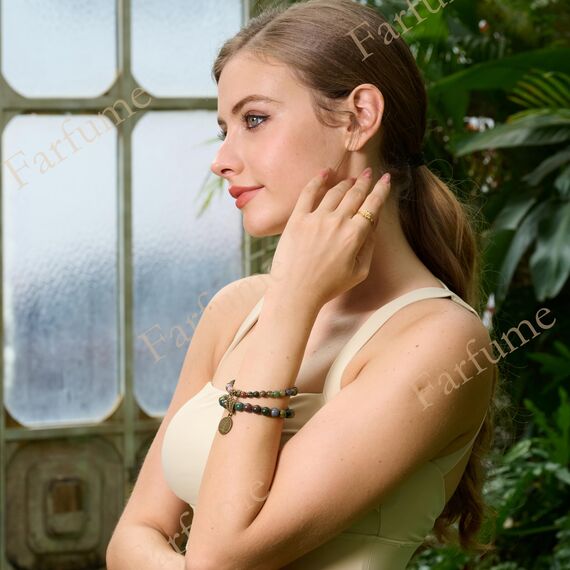 Farfume Chakra Armbänder für Frauen - Kristalle Armband Frauen natürliche Edelsteine Yoga Reiki- Ein Satz von Doppel-Armbänder（Indischer Achat & Lebensbaume（Mittel）