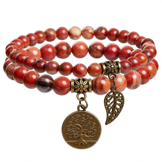 Farfume Chakra Armbänder für Frauen - Kristalle Armband Frauen natürliche Edelsteine Yoga Reiki - ein Satz von Doppel-Armbänder(Rot und Baum des Lebens(Mittel)