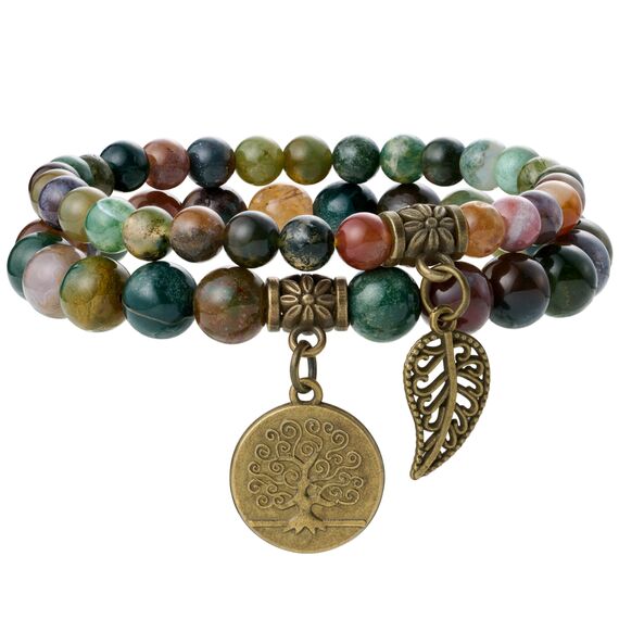 Farfume Chakra Armbänder für Frauen - Kristalle Armband Frauen natürliche Edelsteine Yoga Reiki- Ein Satz von Doppel-Armbänder（Indischer Achat & Lebensbaume（Mittel）